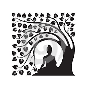Black Buddha Meditation sit under bodhi tree with leafs abstract modern square shape style vector design