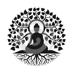 Black Buddha Meditation under bodhi tree with leaf and root abstract circle style vector design