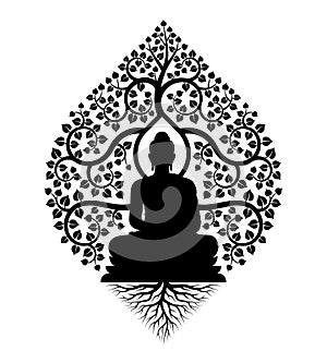 Black Buddha Meditation under bodhi tree with leaf and root sign vector design