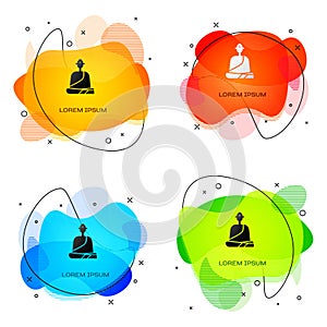 Black Buddhist monk in robes sitting in meditation icon isolated on white background. Abstract banner with liquid shapes