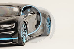 Black Bugatti Chiron realistic toy car front side view