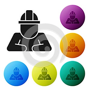 Black Builder icon isolated on white background. Construction worker. Set icons in color circle buttons. Vector