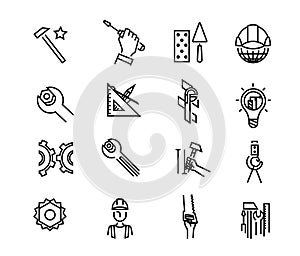 Black building icons in simple style. Building tools. Industry and building, construction icons design. Symbol for app