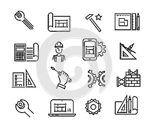 Black building icons in simple style. Building tools. Industry and building, construction icons design. Symbol for app