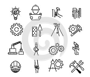 Black building icons in simple style. Building tools. Industry and building, construction icons design. Symbol for app