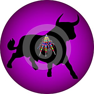 Black bull with banderillas