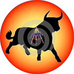 Black bull with banderillas photo