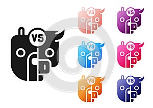 Black Bull and bear symbols of stock market trends icon isolated on white background. The growing and falling market