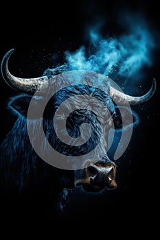 Black bull with big horns on a black background with blue smoke