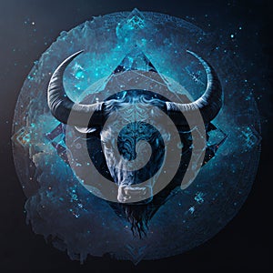 Black bull head with sacred geometry and blue space background. 3D rendering