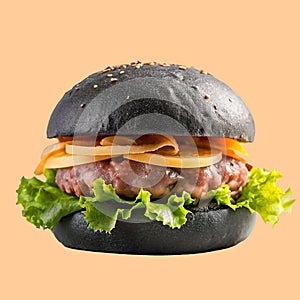 Black Burger with ham, patty, egg and lettuce leaves
