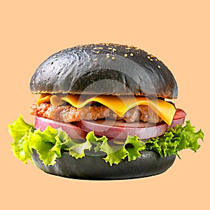 Black Burger with ham, patty, egg and lettuce leaves