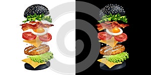 Black Burger illustration with flying ingredients