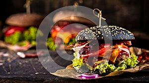 Black burger with meat patty, cheese, tomatoes, mayonnaise. Dark wooden rustic table. Modern fast food lunch