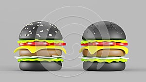 Black burger with white and black sesame 3d render icon set. Fast food, beef hamburger with bread, cheese, tomato, salad