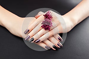 Black and burgundy manicure with flowers on black background. Gel nail polish with mirror powder pigment. Body care