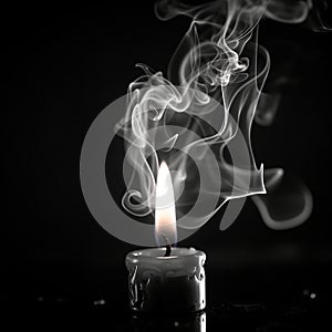 black burning candle with fire and smoke, close-up on black, black and white retro photo, sad funeral
