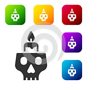 Black Burning candle on a skull icon isolated on white background. Day of dead. Set icons in color square buttons