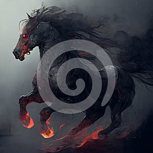 Black burning demonic horse with fiery eyes