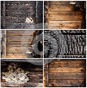 Black burnt wall of house of wooden planks with embossed texture. damage to the building from fire without the possibility of