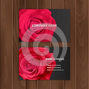 Black business card with realistic red rose, visit card on a wooden substrate, Vector EPS 10 illustration