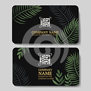 black business cards with green palm leaves, with a place for a qr code, for your company or brand, vector illustration.