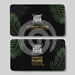 black business cards with green palm leaves, with a place for a qr code, for your company or brand, vector illustration.