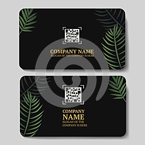 black business cards with green palm leaves, with a place for a qr code, for your company or brand, vector illustration.