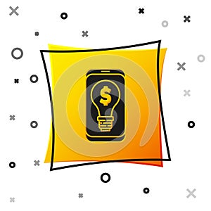 Black Business light bulb with dollar on smartphone screen icon isolated on white background. User touch screen. Yellow