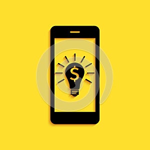 Black Business light bulb with dollar on smartphone screen icon isolated on yellow background. User touch screen. Long shadow