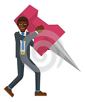 Black Business Man Holding Thumb Tack Pin Mascot