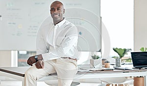 Black business man, leader and office in happy, proud and confident success for company goals in the corporate workplace