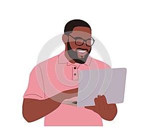 Black business man working with computer vector.
