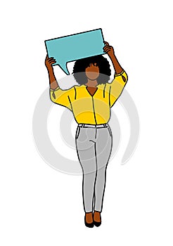 Black business woman holding speech bubble sign.