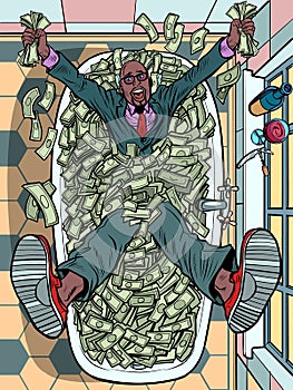 black Businessman in the bathroom with money. Cash dollars, wealth and lottery winnings. Big Profit Millionaire photo