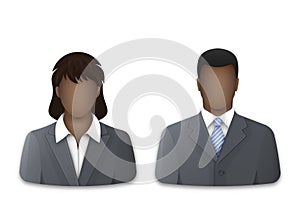 Black businessman and business woman on white background. Successful young man and woman in gray business suits and white shirts