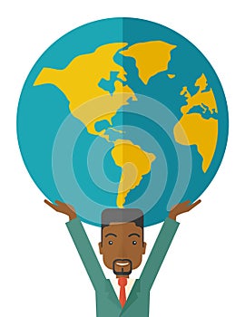 Black Businessman carrying big globe