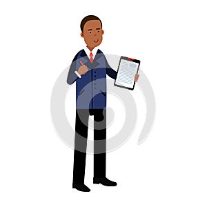Black businessman cartoon character in elegant clothes with notepad Illustration