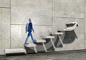 Black businessman climbing stone stairs illustrating career development and success concept. Mixed media