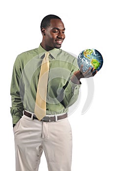 Black businessman holding the earth