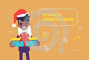 Black businessman in santa hat giving gift