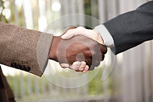 Black businessman shaking hands with a caucasian one