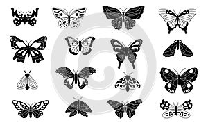 Black butterflies. Decorative butterfly silhouettes, winged insect sketch elements for tattoo design, vintage scrapbook