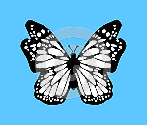 Black butterfly icon with white wings on blue background. Tatto Vector illustration.