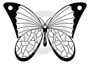 Black butterfly silhouette with patterned wings. Decorative moth