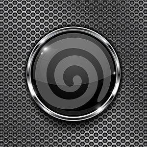 Black button on perforated background. Round glass 3d icon with metal frame