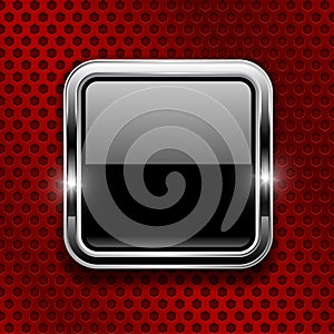 Black button on red metal perforated background. Square glass icon with chrome frame