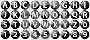 Black buttons, alphabet letters and numbers, vector illustration