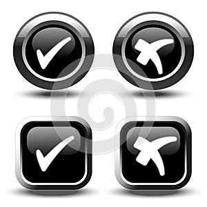 Black buttons with white simple check mark symbols, square and circle buttons