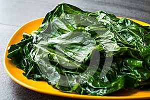Black Cabbage Leaves / Organic Green Lacinato Kale on Yellow Plate with Grey Granit Surface